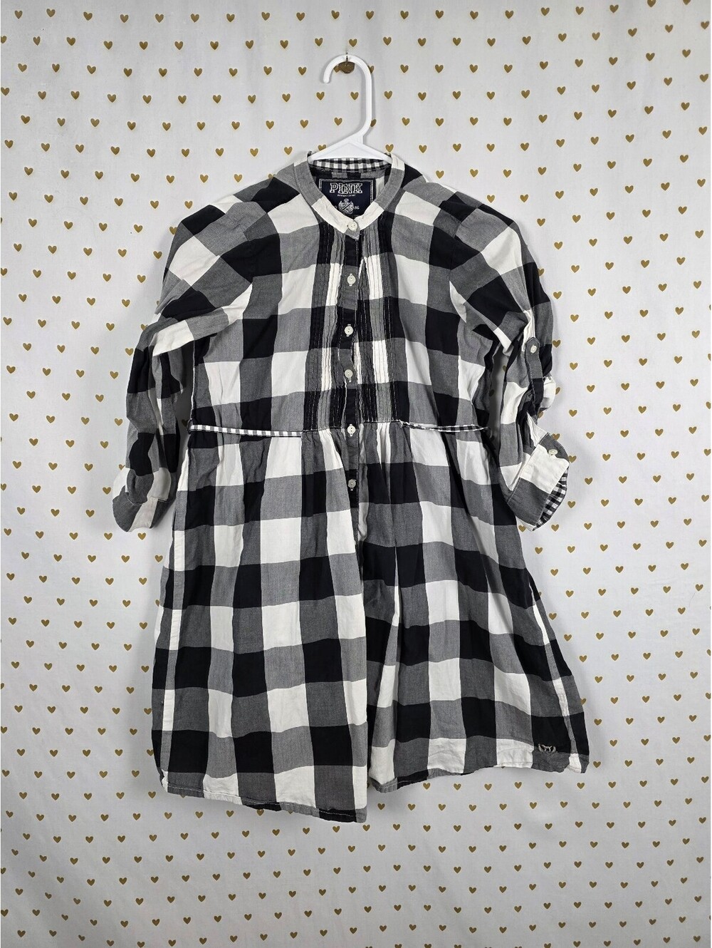 Victoria's Secret PINK Plaid Shirt Dress M Black White Buffalo Check Vintage